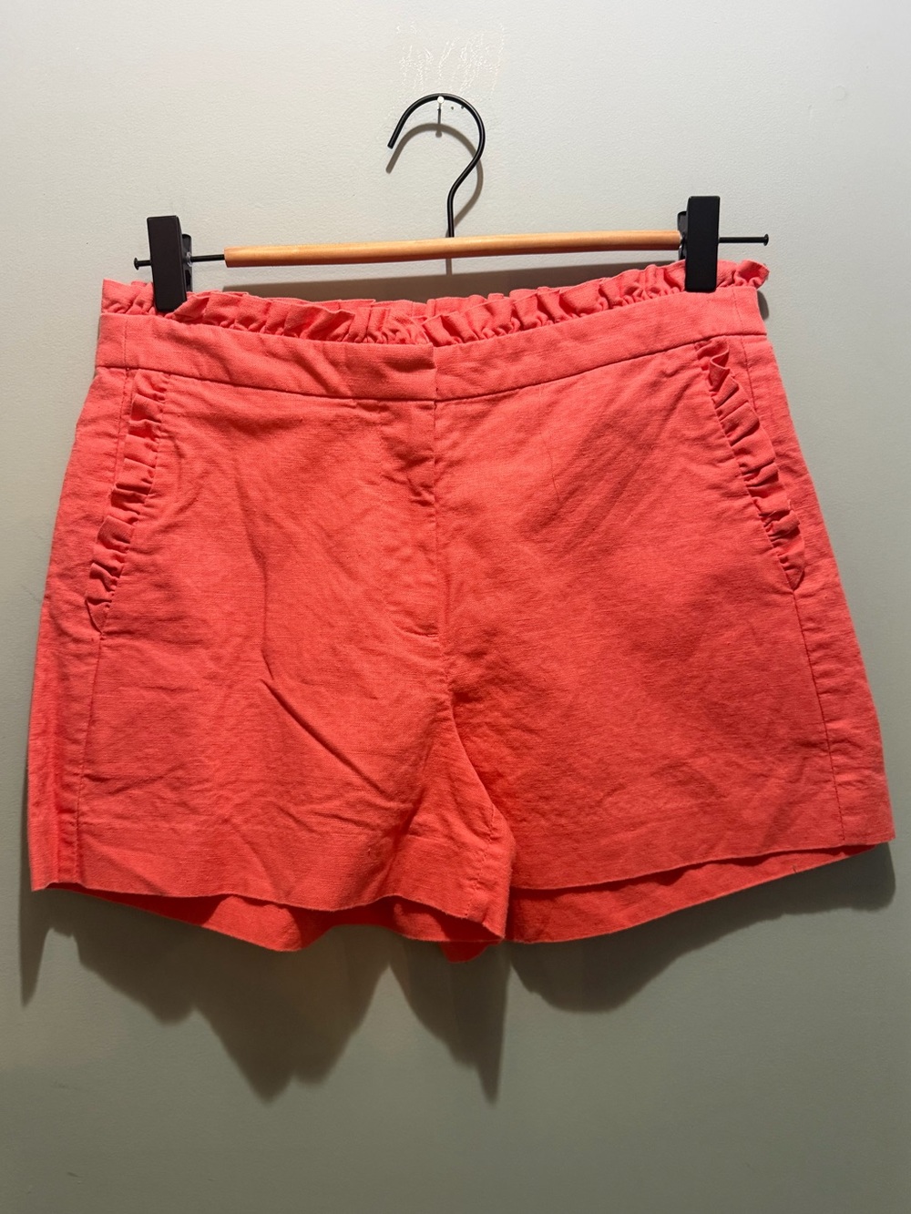J. Crew Coral High-Waist Ruffle-Trim Shorts